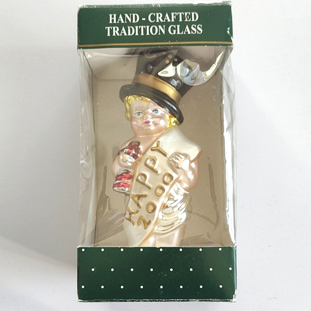 Vintage "Happy 2000" Glass New Year's Baby in Top Hat Ornament with original Box
